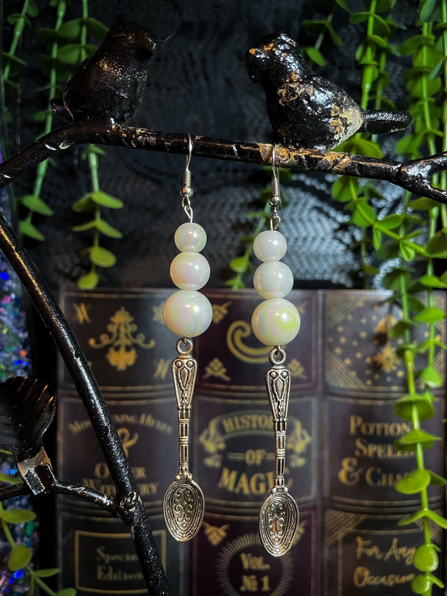 Iridescent Pearl Antique Spoon Earrings